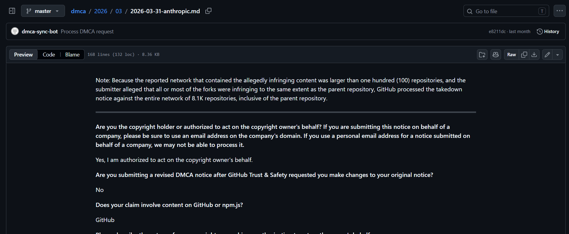 DMCA 通知截圖