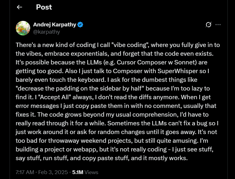 Andrej Karpathy Vibe Coding Tweet